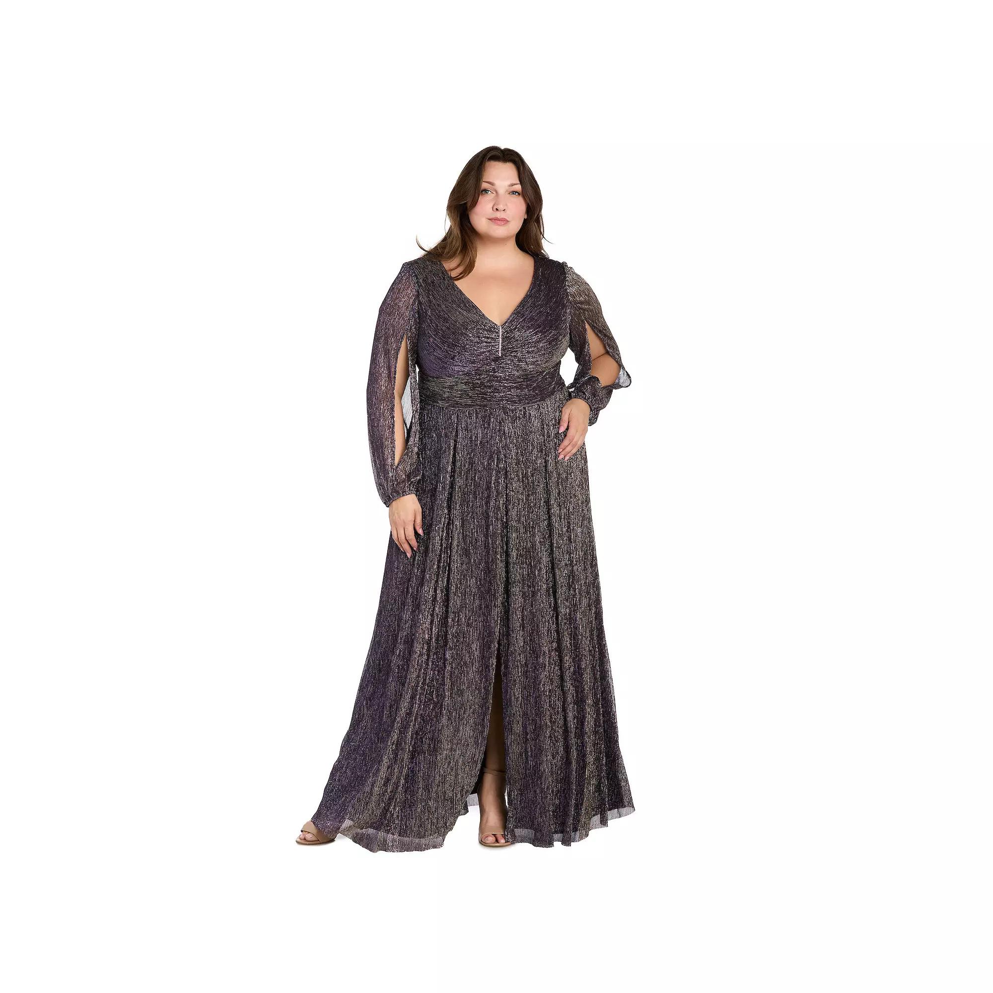 Plus Size R&M Richards Long Crinkle V-Neck Long Sleeve Pleated Dress, Women's, Size: 22 W, Purple Product Image