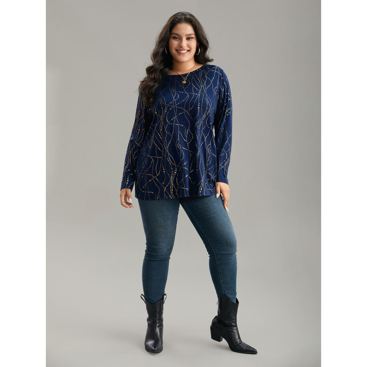 Plus Size Polka Dot Contrast Round Neck T-shirt DarkBlue Women Leisure Contrast Polka Dot Round Neck Casual T-shirts BloomChic 14-16/1X Product Image