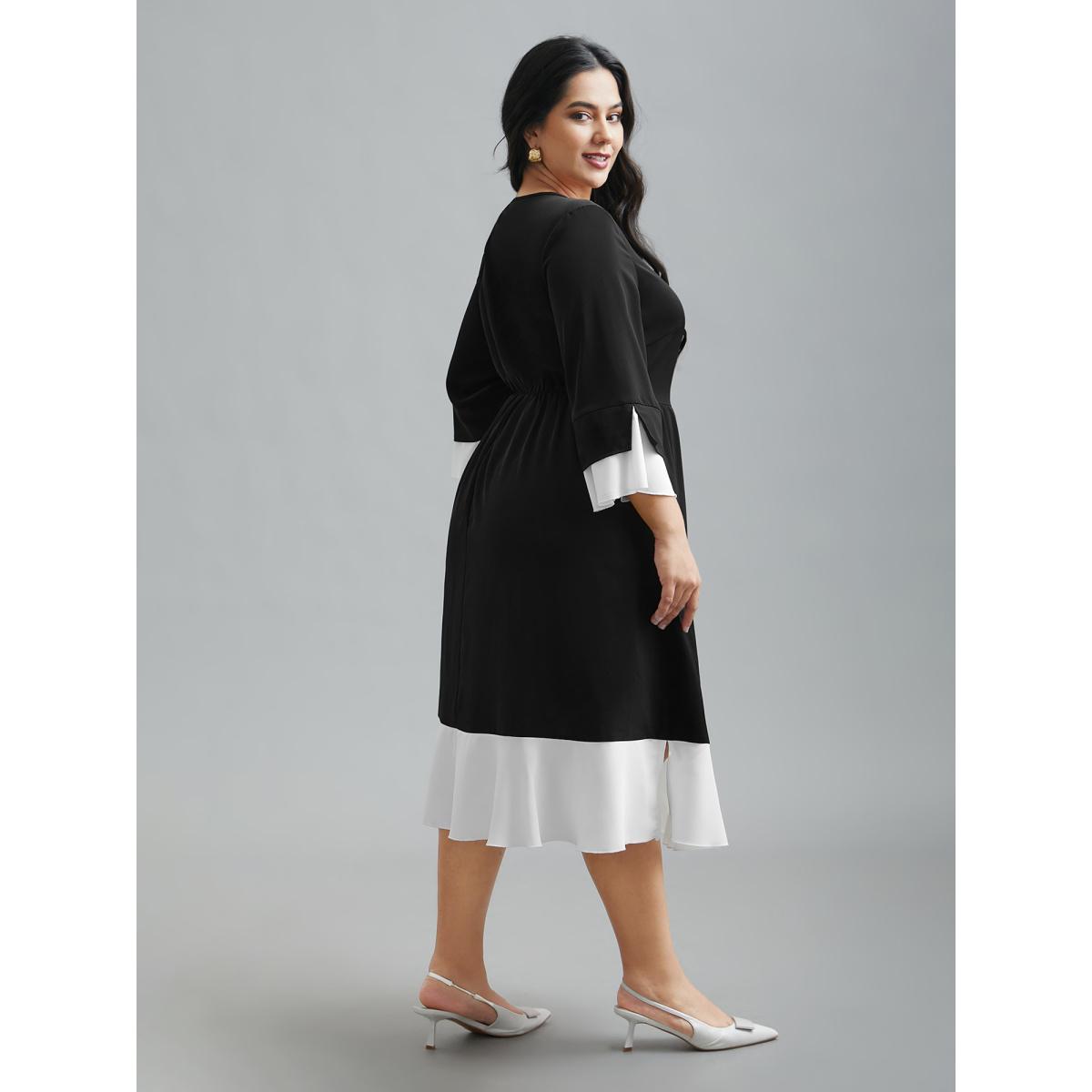 Plus Size Color Contrast Tiered Skirt Pocket Midi Dress Black Women At the Office Contrast Round Neck Elbow-length sleeve Curvy BloomChic 12/L Product Image