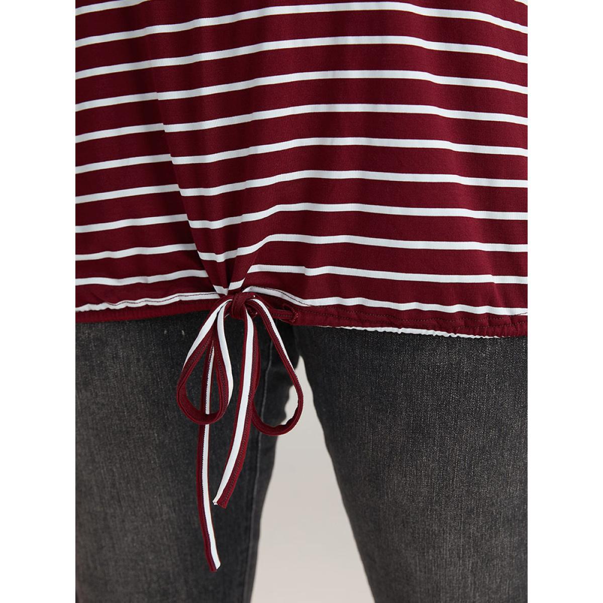 Plus Size Striped Drawstring Batwing Sleeve T-shirt Burgundy Women Casual Contrast Striped Round Neck Dailywear T-shirts BloomChic 10/M Product Image