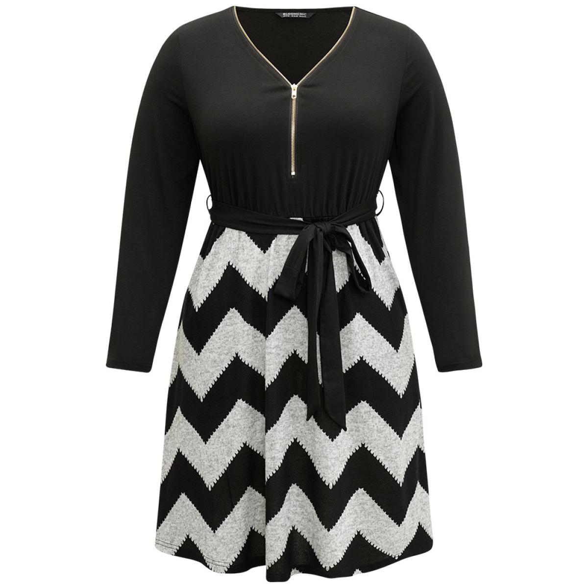 Plus Size Striped Pocket Elastic Waist Patchwork Zipper Dress Black Women Casual Zipper V-neck Long Sleeve Curvy Midi Dress BloomChic 10/M Product Image