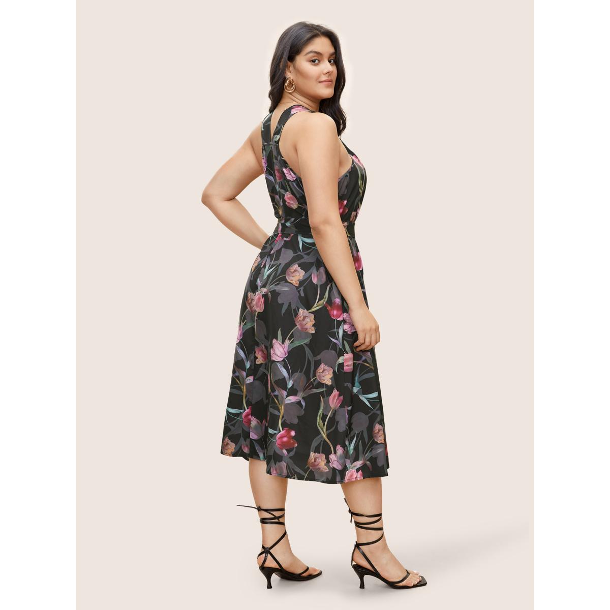 Plus Size Floral Halter Belted Twist Front Pocket Dress BlackFlower Women Elegant Belted Halter neck Sleeveless Curvy Midi Dress BloomChic 10/M Product Image