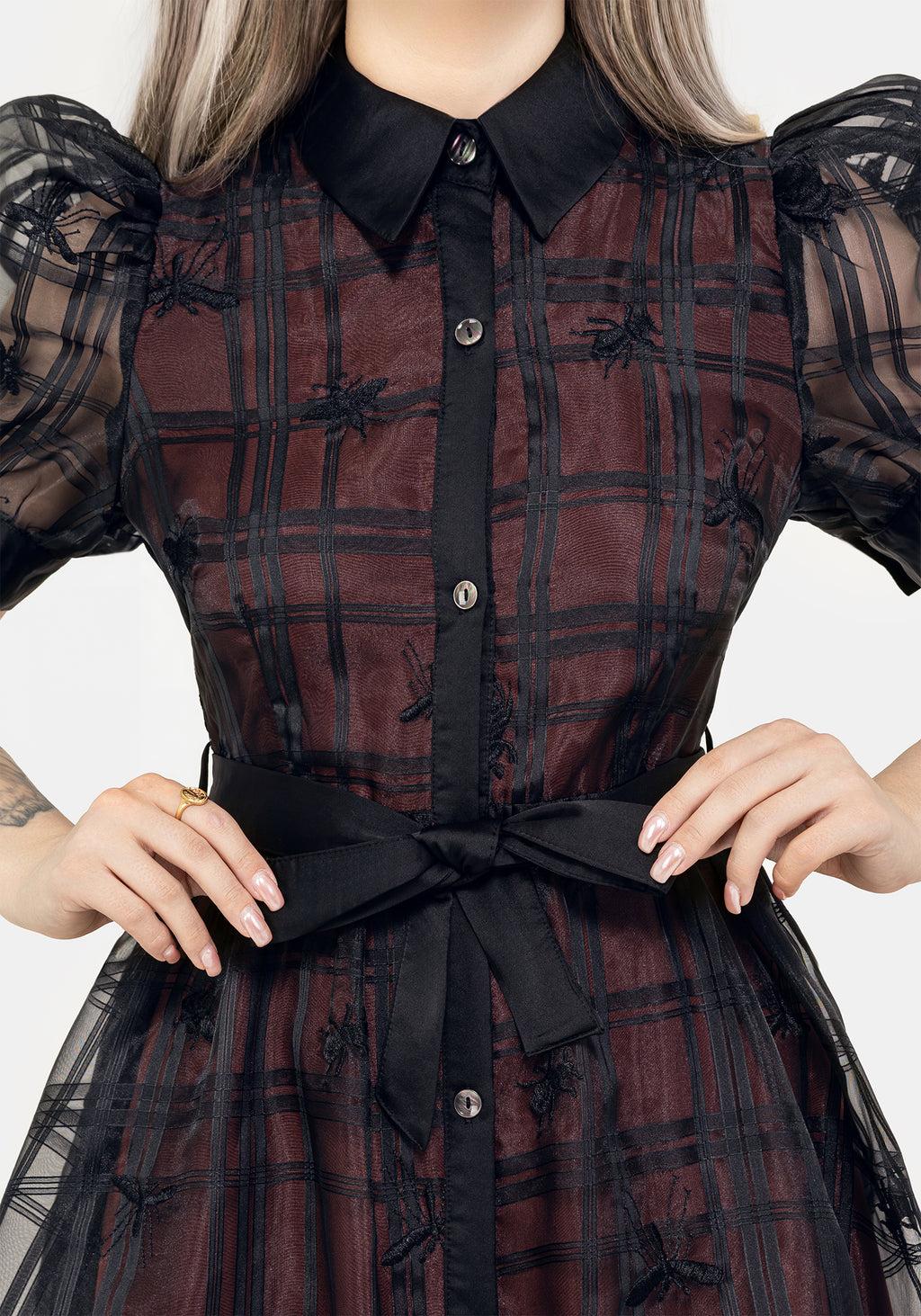 Sedona Organza Check Embroidered Puff Sleeve Midi Shirt Dress Product Image