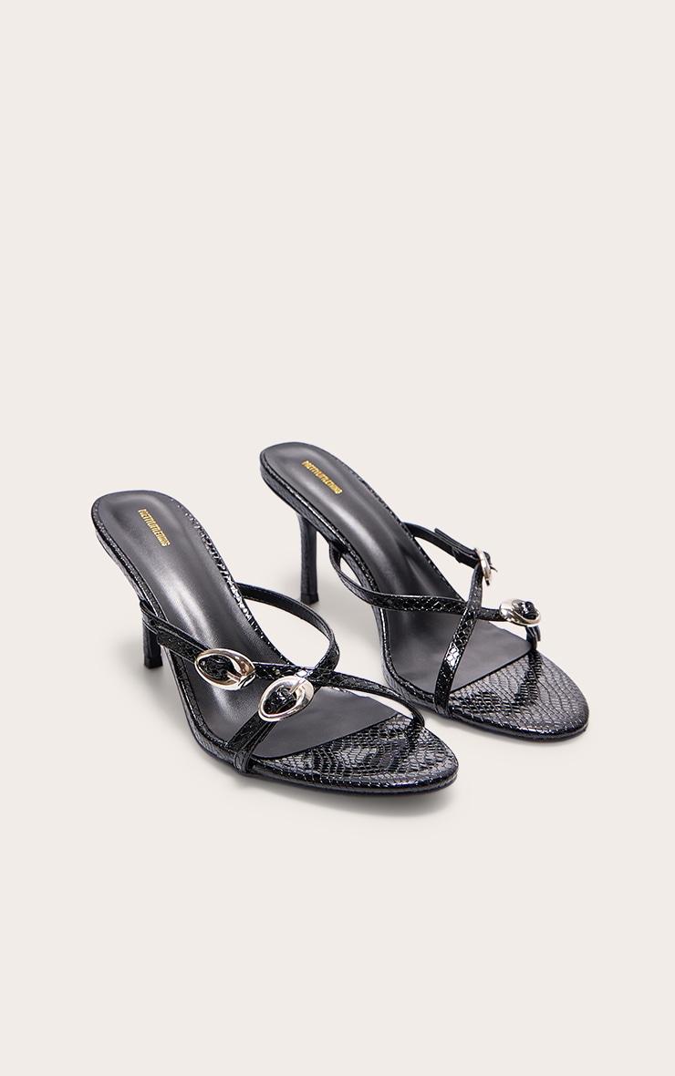 Black Croc PU Round Toe Silver Buckle Cross Strap Detail High Heeled Sandals Product Image