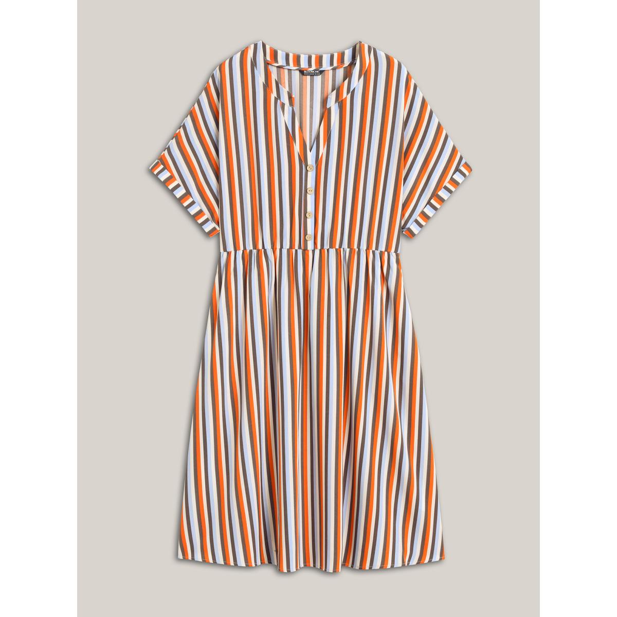 Plus Size Stripes Notched Collar Pockets Midi Dress Multicolor Women Round Neck Cap Sleeve Curvy BloomChic 12/L Product Image