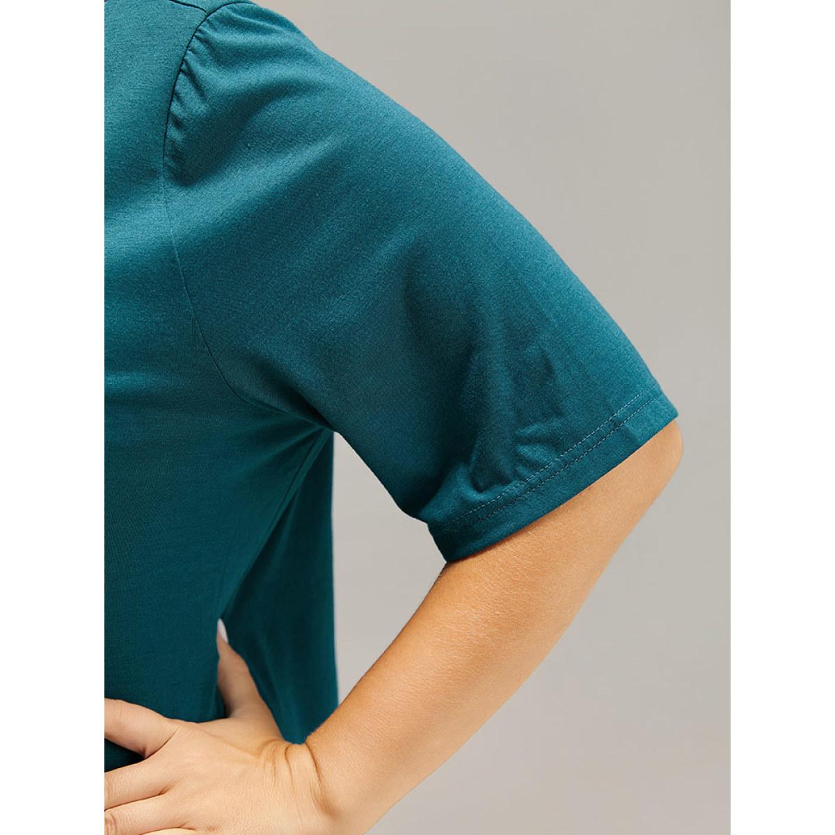 Plus Size Solid Crochet Lace Crisscross T-shirt Cyan Women Elegant Plain Plain Round Neck Dailywear T-shirts BloomChic 10/M Product Image