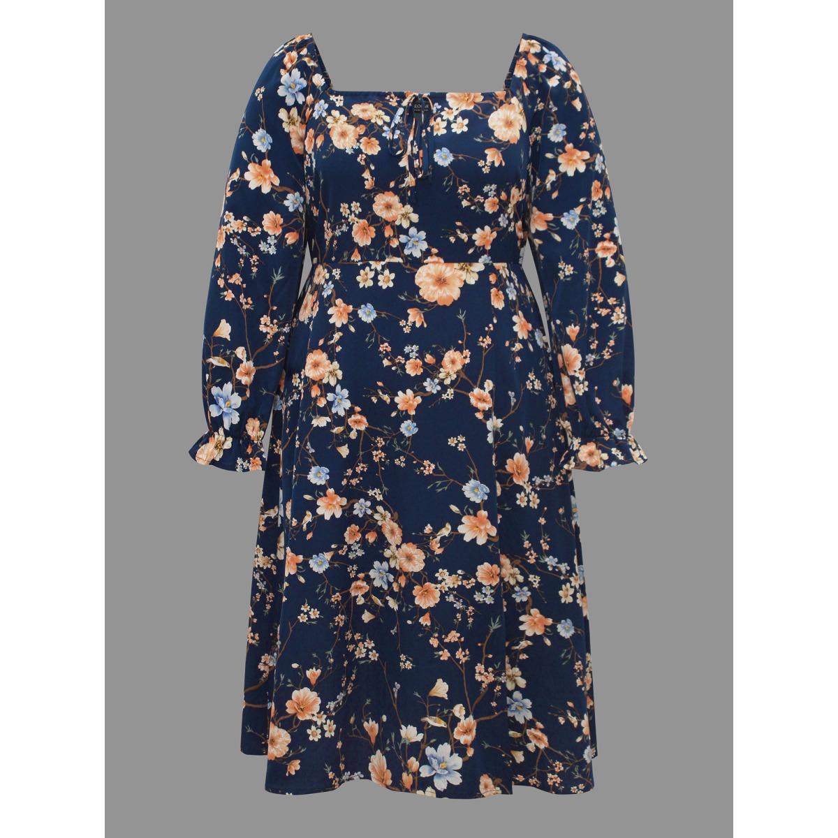 Plus Size Floral Knot Neck Split Hem Dress Indigo Women Elegant Tie knot Square Neck Long Sleeve Curvy BloomChic 30/6X Product Image