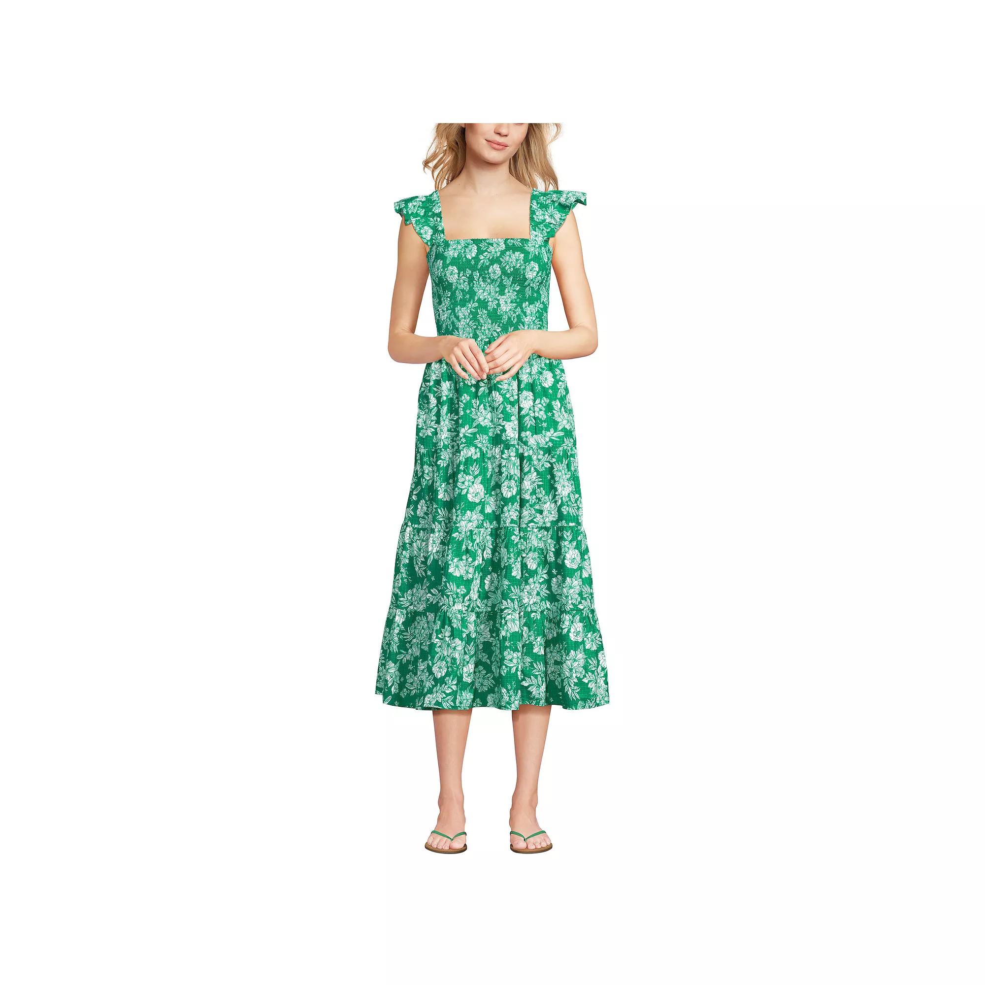 Women's Lands' End Cotton Dobby Smocked Ruffle Shoulder Midi Dress,  Product Image