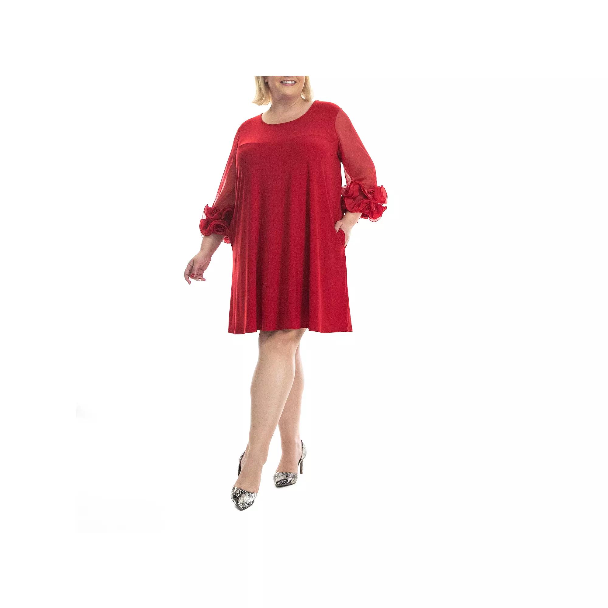 Plus Size Nina Leonard Mesh Ruffle Dress, Women's, Size: 1XL, Rich Green Product Image