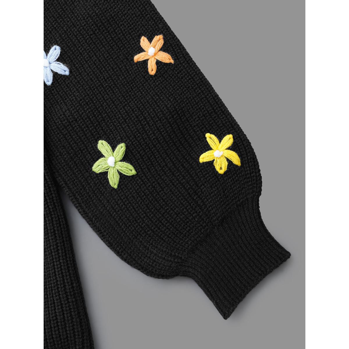 Plus Size V Neck Crochet Floral Drop Shoulder Pullover Black Women Casual Loose Long Sleeve V-neck Everyday Pullovers BloomChic 10/M Product Image