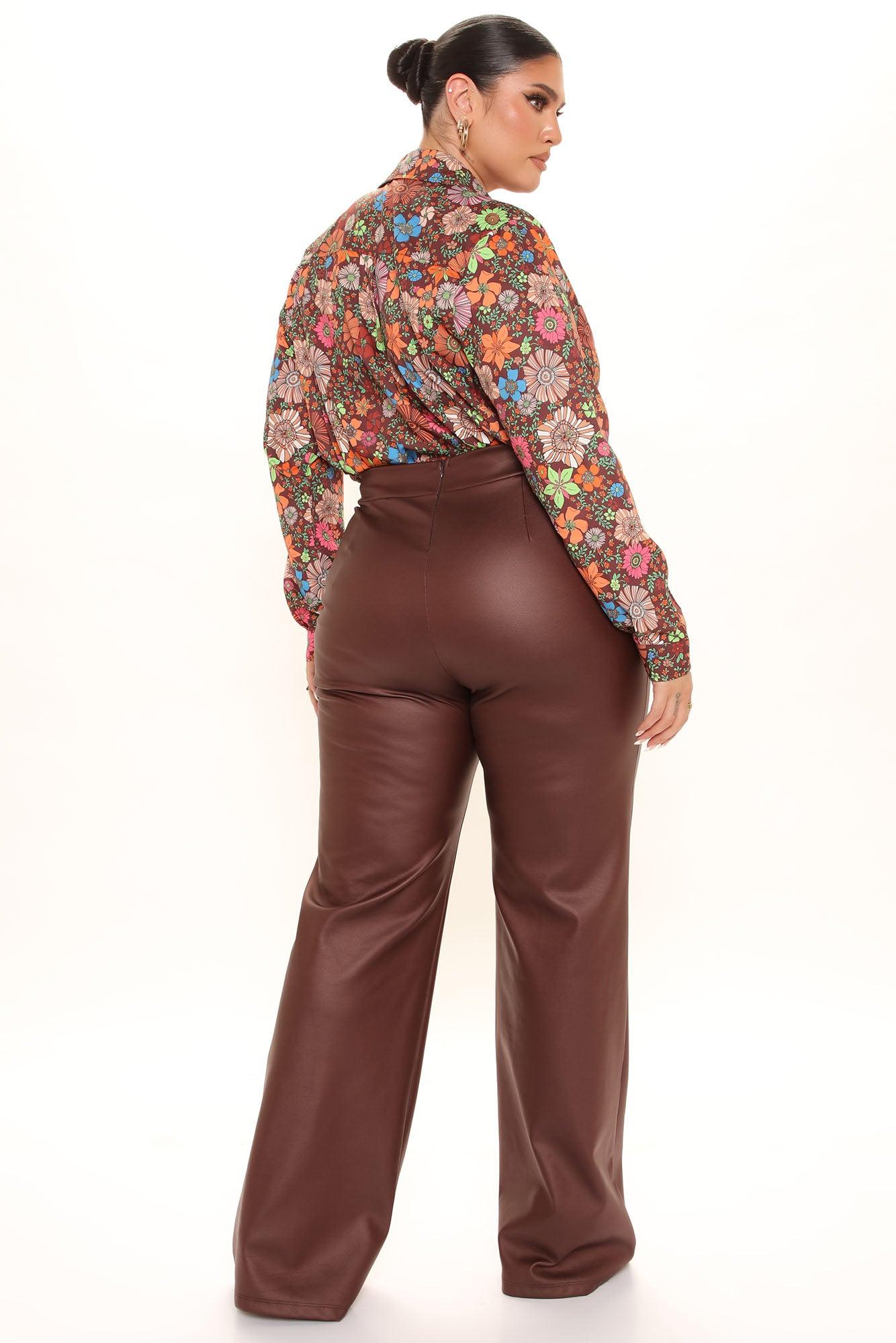 Victoria High Waisted Dress Pants Faux Leather 35 - Brown Product Image