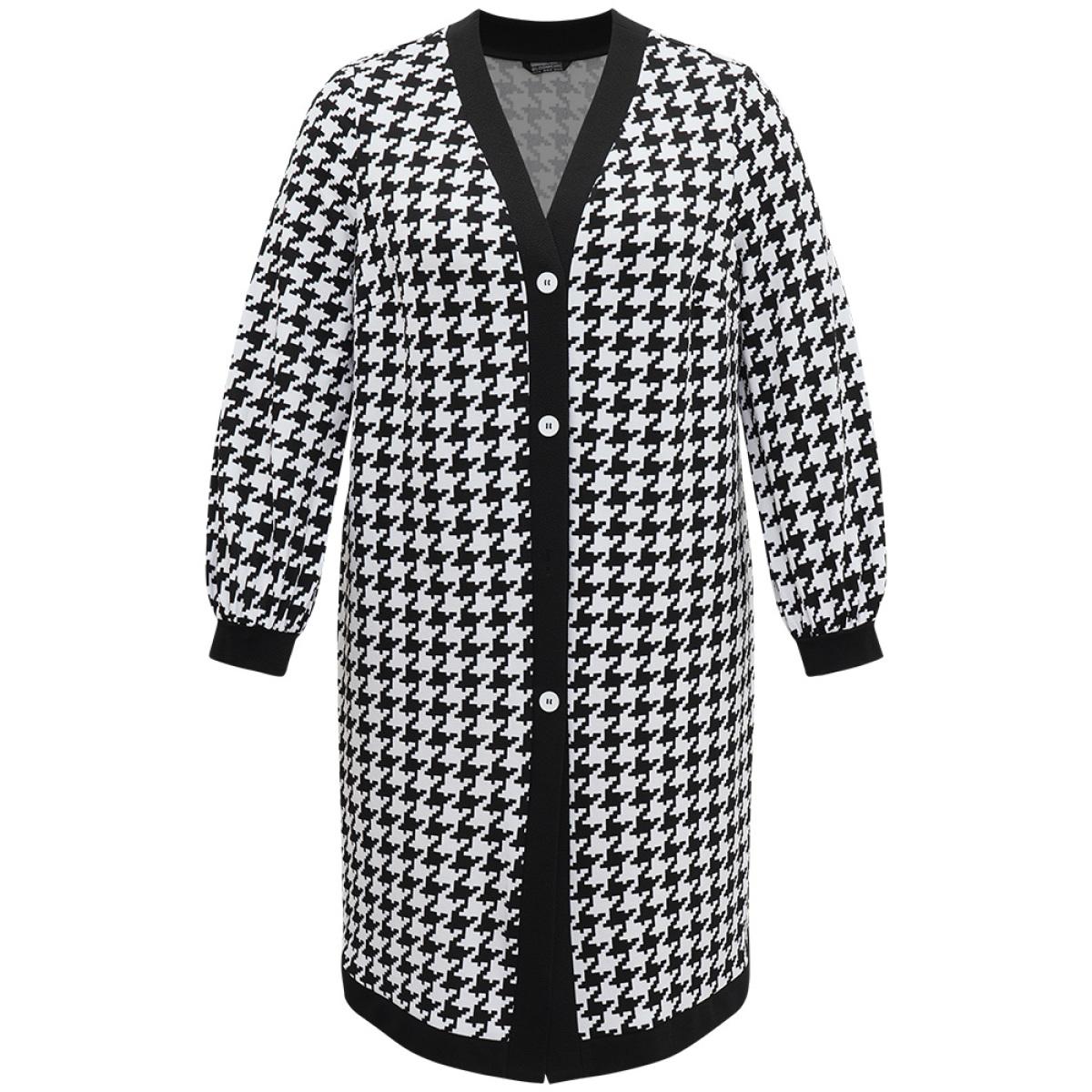 Plus Size Houndstooth Button Through Contrast Trim Jacket Women Black Contrast Dailywear Jackets BloomChic 12/L Product Image
