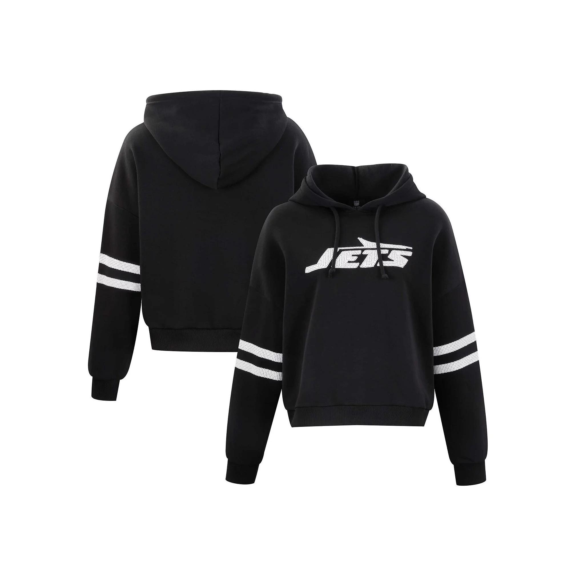 Women's Cuce Black New York Jets Cropped Sequins Pullover Hoodie,  Product Image