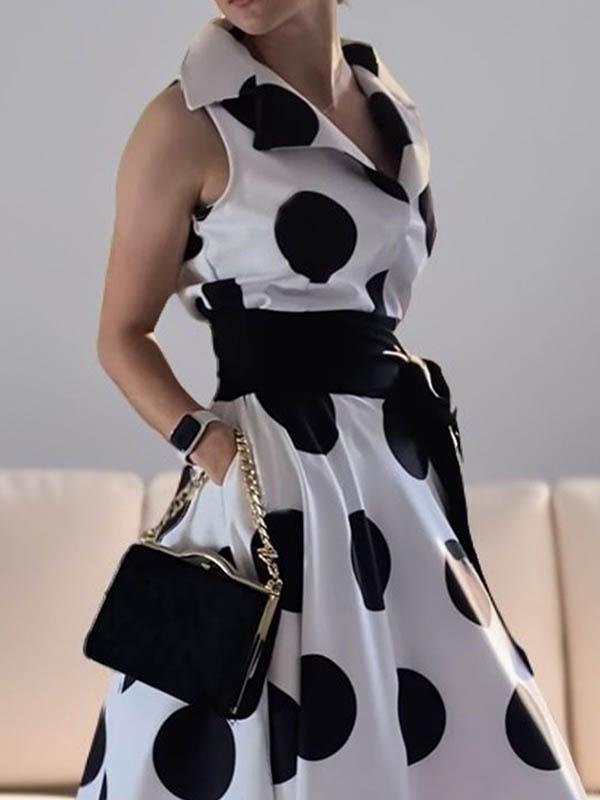 A-Line Sleeveless Polka-Dot Split-Joint Tied Waist Lapel Maxi Dresses Shirt Dress Product Image
