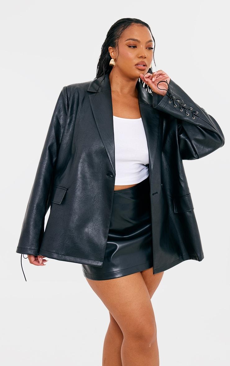 Plus Black Distressed Faux Leather Blazer Product Image