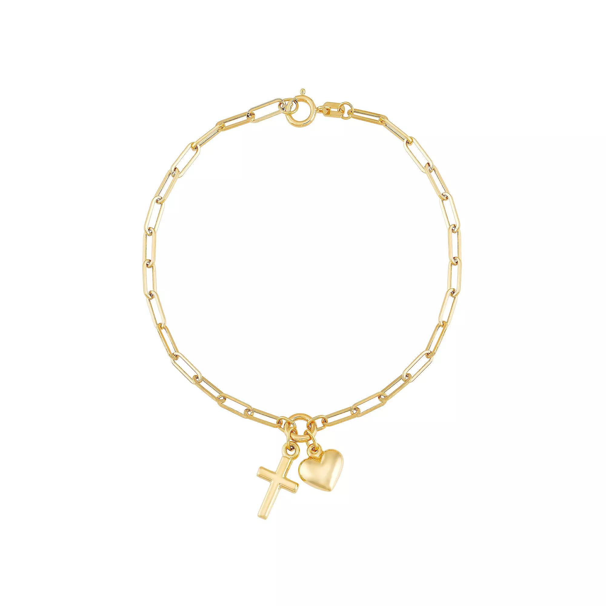 Everlasting Gold 10k Gold Paperclip Chain Cross & Heart Charm Bracelet, Womens Product Image