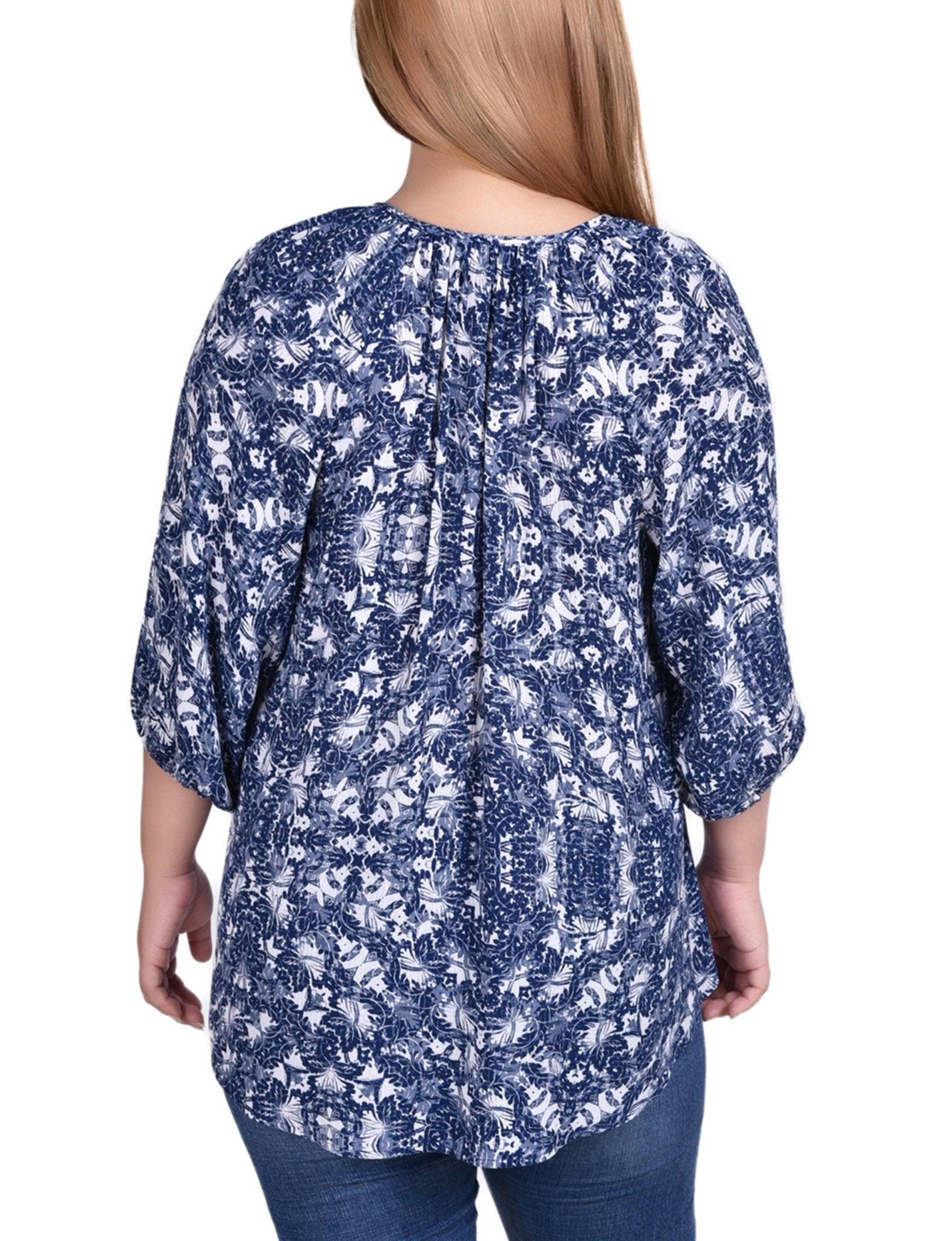 Navy Skyterrace 3/4 Sleeve Peasant Top With Tie Neckline - Plus Product Image