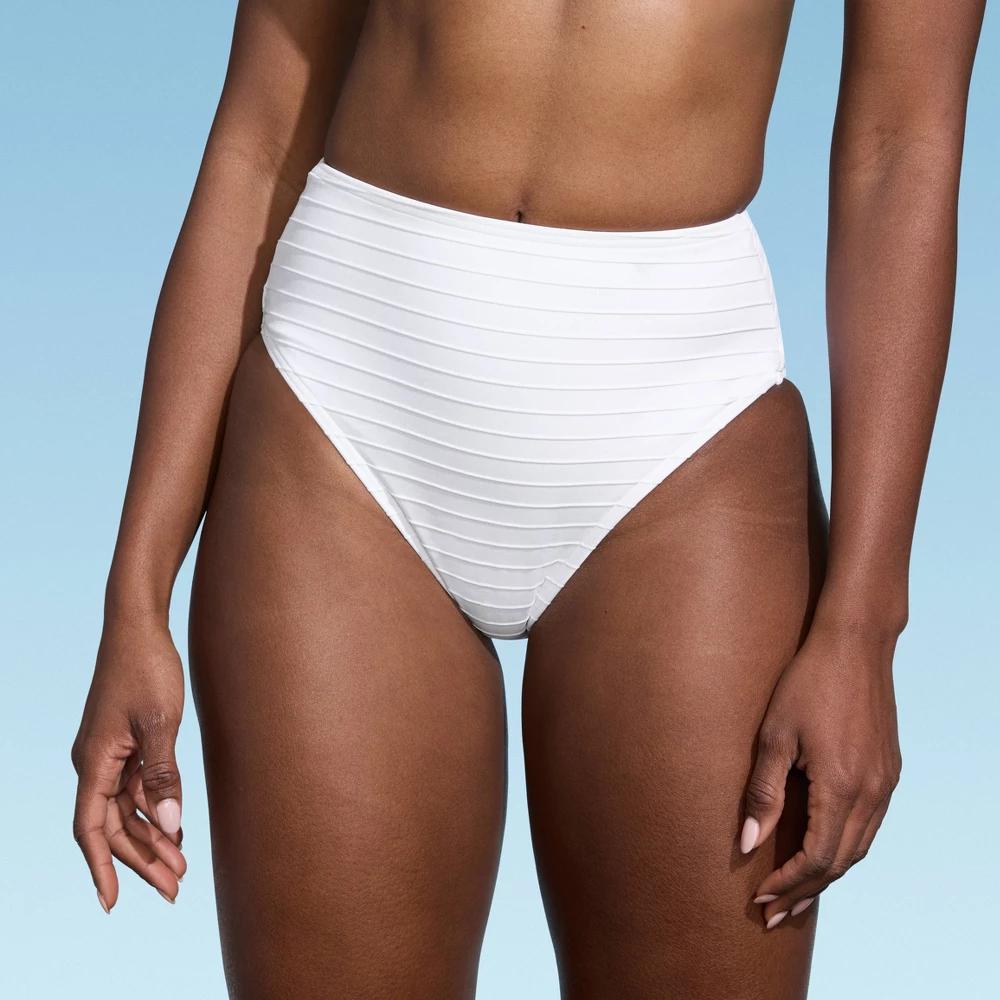 Lands' End Women's Ribbed Smoothing High Waist Bikini Bottom - White 1X: Plus Size Swimwear, UPF 50+, Medium Coverage, Knit Fabric Product Image