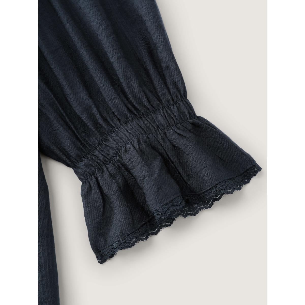 Plus Size DarkBlue Ruffled Neckline Stretchy Cuffs Blouse Women Romantic Extra Long Sleeve Lace collar Elegant Blouses BloomChic 22-24/3X Product Image