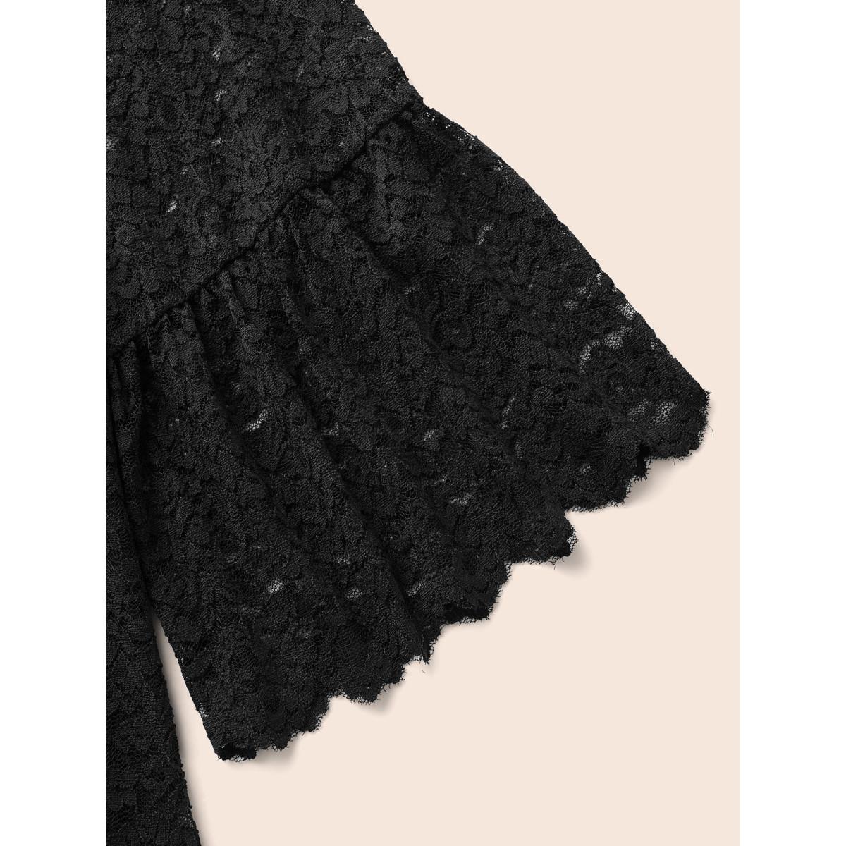 Plus Size Black Stretch Lace Mesh Ruffle Trim Blouse Women Elegant Elbow-length sleeve V-neck Everyday Blouses BloomChic 12/L Product Image