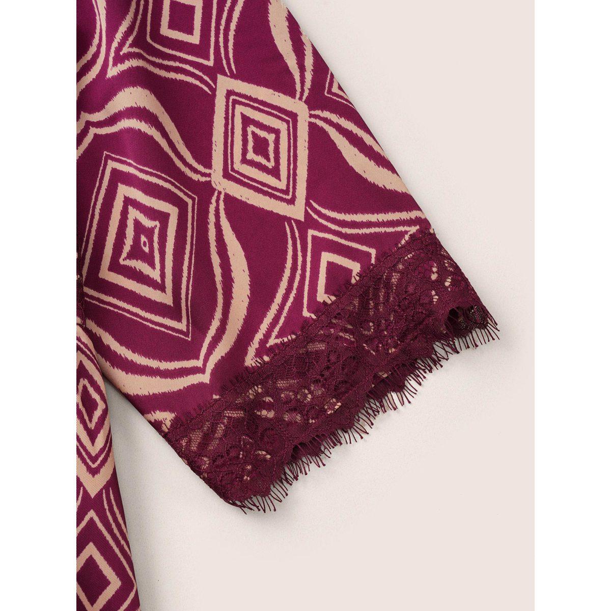 Plus Size Geometric Lace Panel Patchwork Elastic Waist Dress RedViolet Women Resort Non V-neck Elbow-length sleeve Curvy Midi Dress BloomChic 14-16/1X Product Image