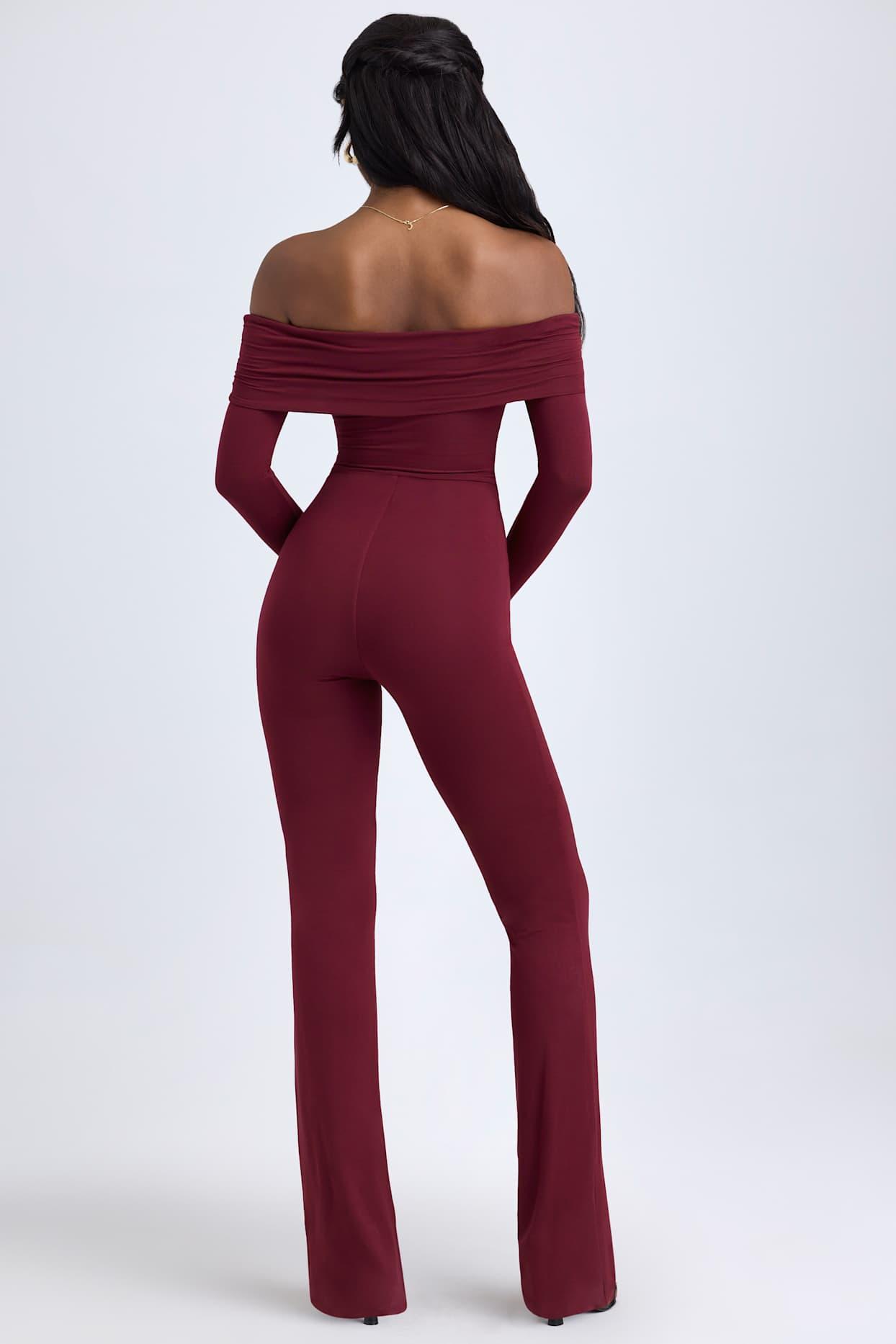 Modal Off-Shoulder Ruched Jumpsuit in Wine Red Product Image