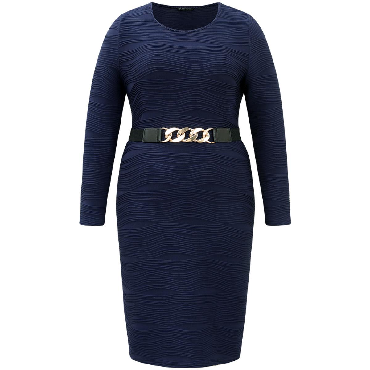 Plus Size Rib Knit Plain Belted Crew Neck Dress Indigo Women At the Office Texture Round Neck Long Sleeve Curvy Midi Dress BloomChic 10/M Product Image