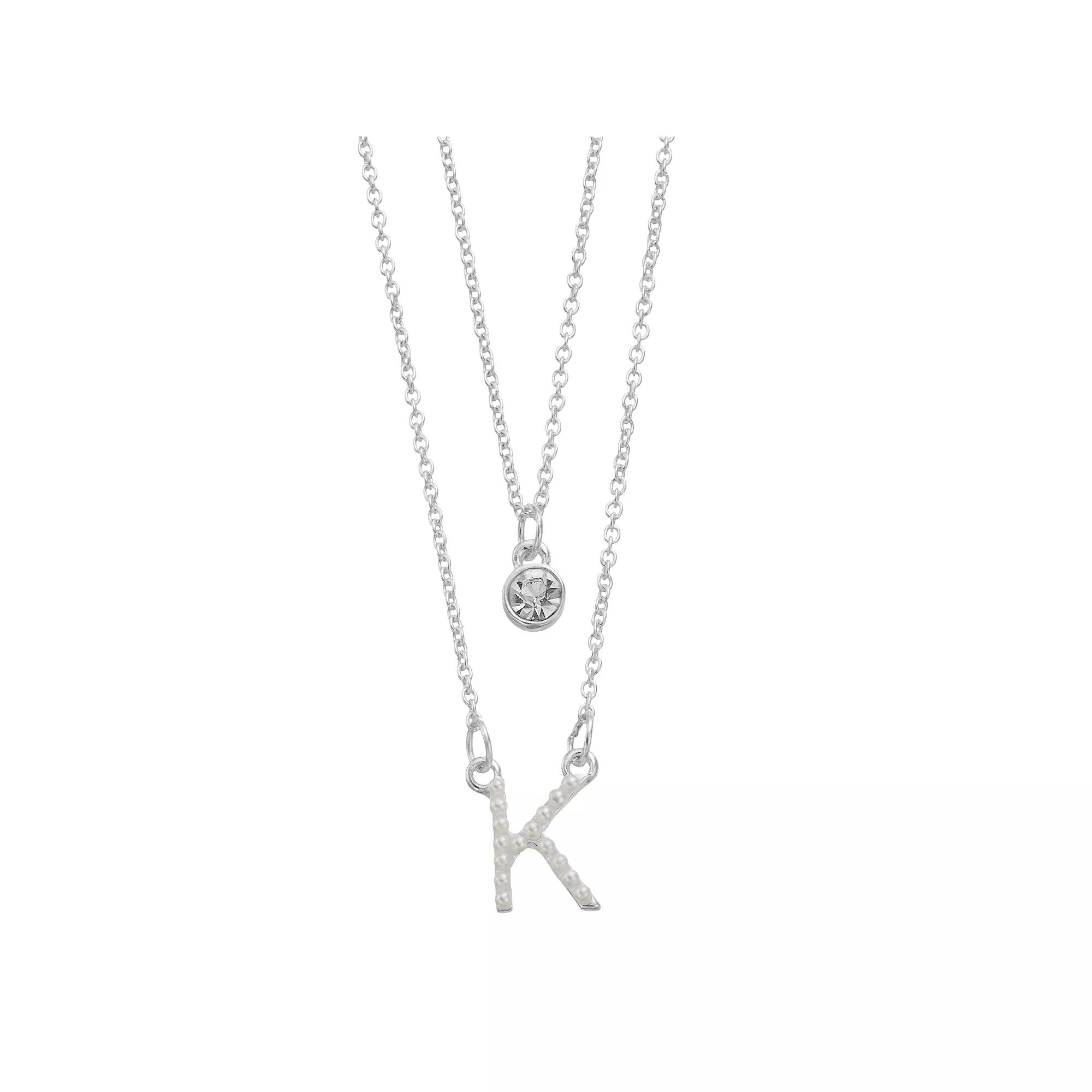 City Luxe Fine Silver Plated Cubic Zirconia & Simulated Pearl Initial Duo Necklace Set, Women's, Silver Tone J Product Image