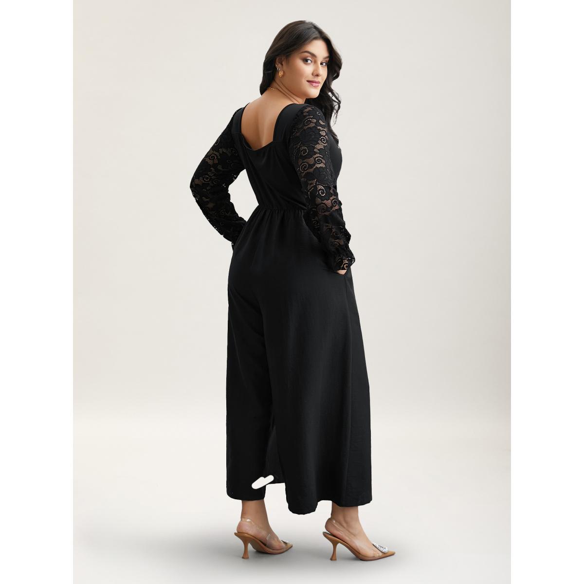 Plus Size Black Lace Sheer Sleeve Flared Jumpsuit Women Elegant Extra Long Sleeve Heart neckline Elegant Loose Jumpsuits BloomChic 10/M Product Image