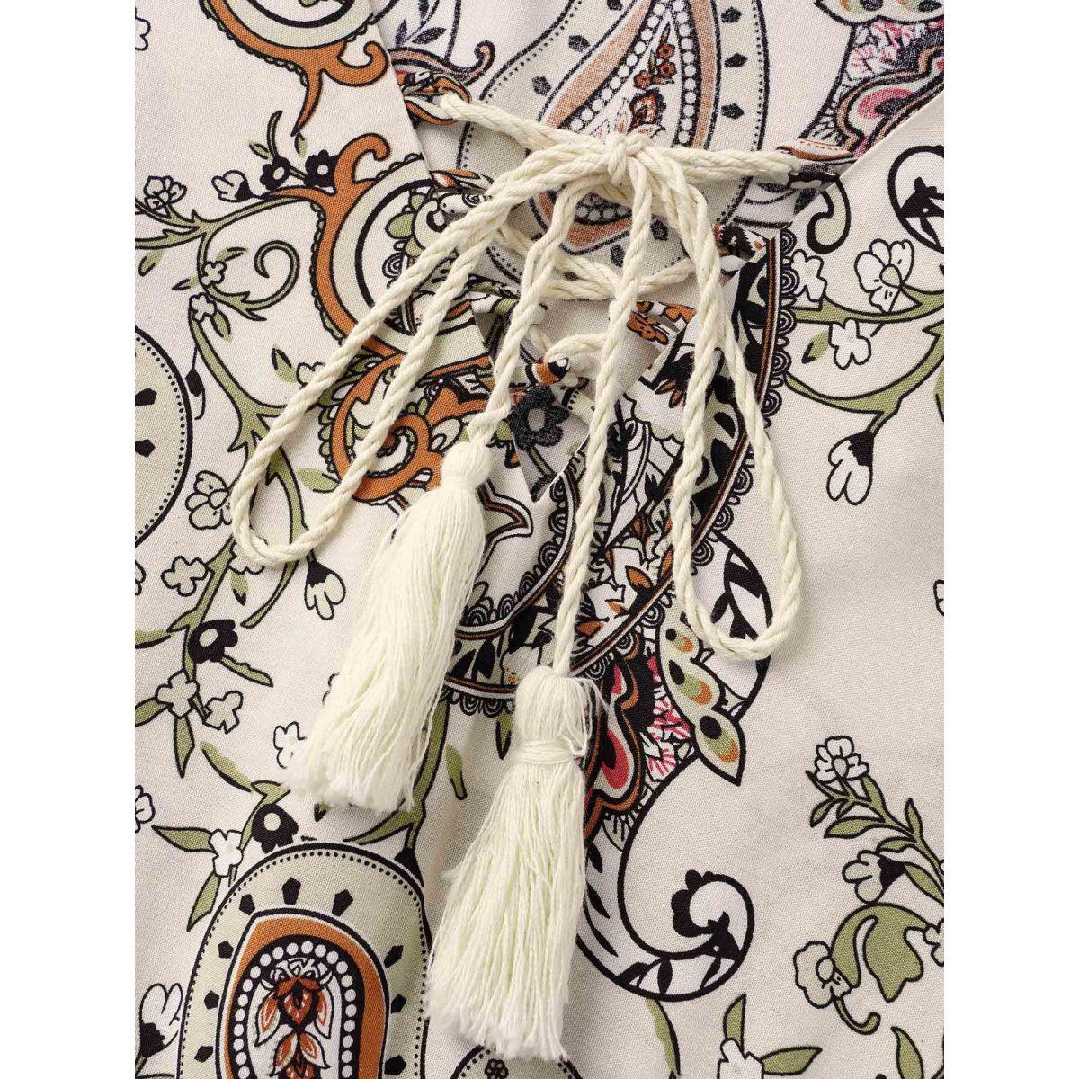 Plus Size Multicolor Boho Print Tie Knot Tassels Crisscross Blouse Women Boho Elbow-length sleeve V-neck Vacation Blouses BloomChic 30/6X Product Image