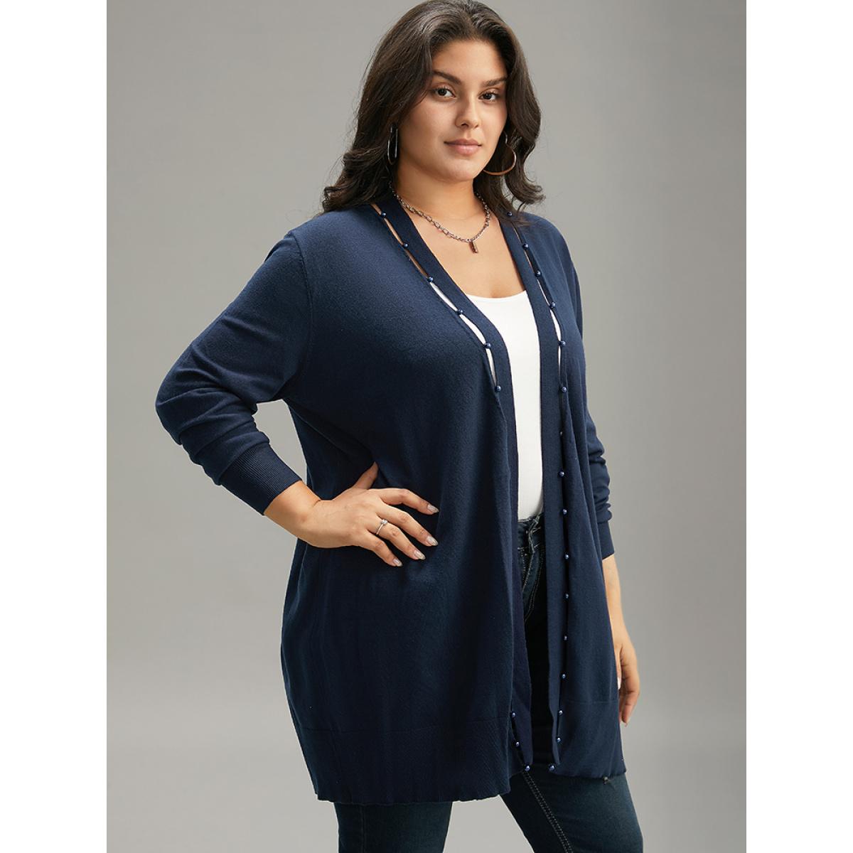Plus Size Supersoft Essentials Plain Hollow Out Pearl Beaded Open Front Cardigan Indigo Women Casual Loose Long Sleeve Dailywear Cardigans BloomChic 30/6X Product Image