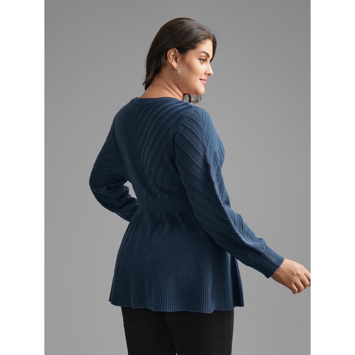 Plus Size Crew Neck Plain Textured Lantern Sleeve Pullover Indigo Women Casual Bodycon Long Sleeve Round Neck Everyday Pullovers BloomChic 14-16/1X Product Image
