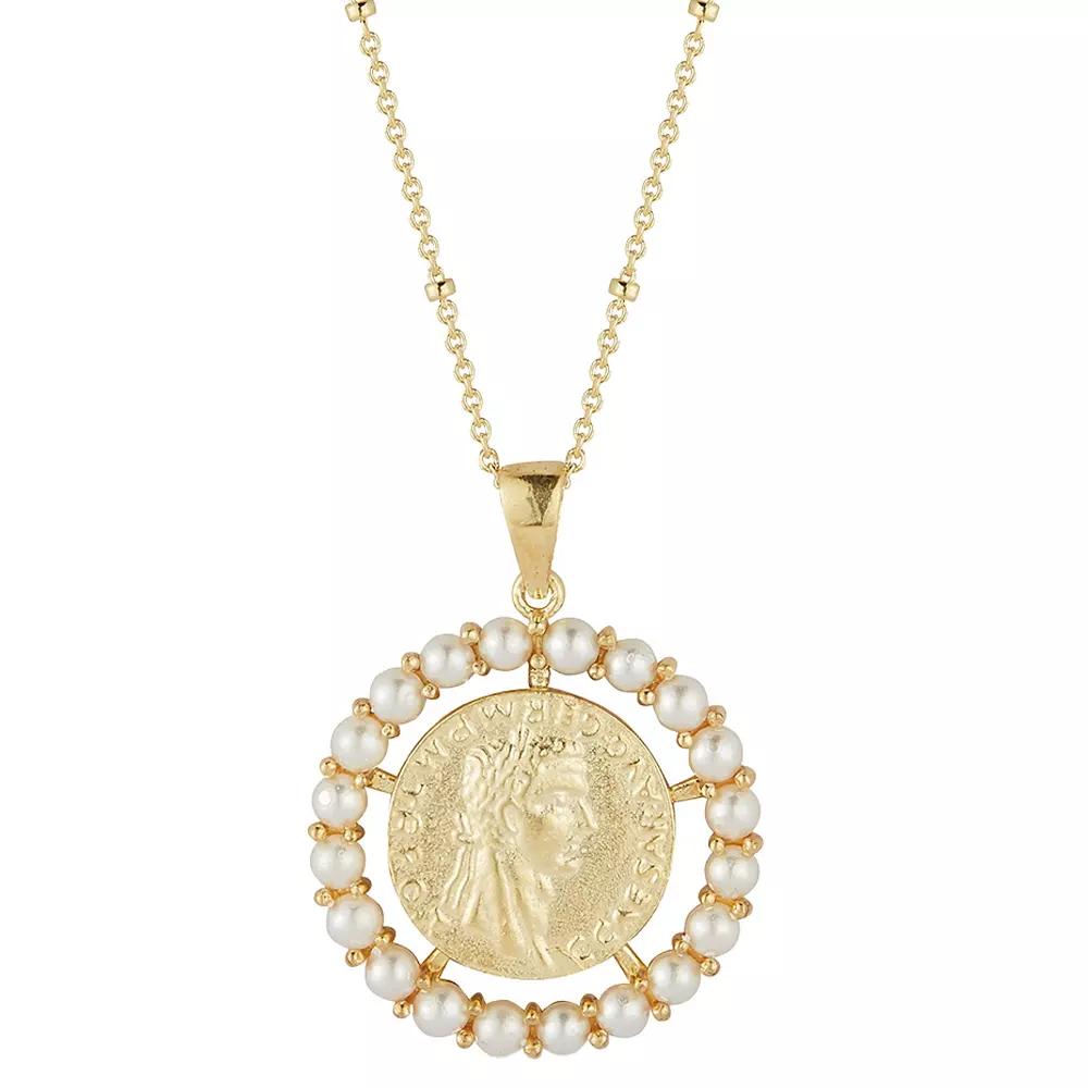 Sunkissed Sterling 14k Gold Over Silver Freshwater Cultured Pearl Medallion Pendant Necklace, Women's, Size: 18", Gold Tone Product Image