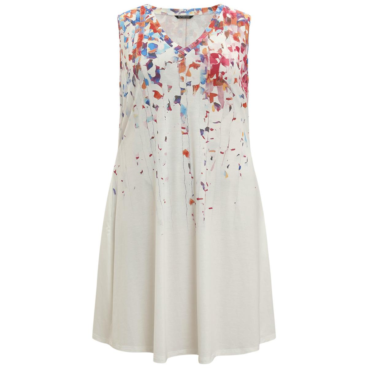 Plus Size Graphic Print Contrast Pocket V Neck Tank Dress White Women Casual Printed V-neck Sleeveless Curvy Knee Dress BloomChic 26/4X Product Image