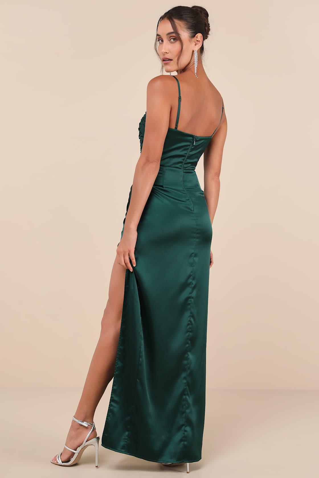 Luxurious Marvel Emerald Satin Ruched Column Maxi Dress Product Image