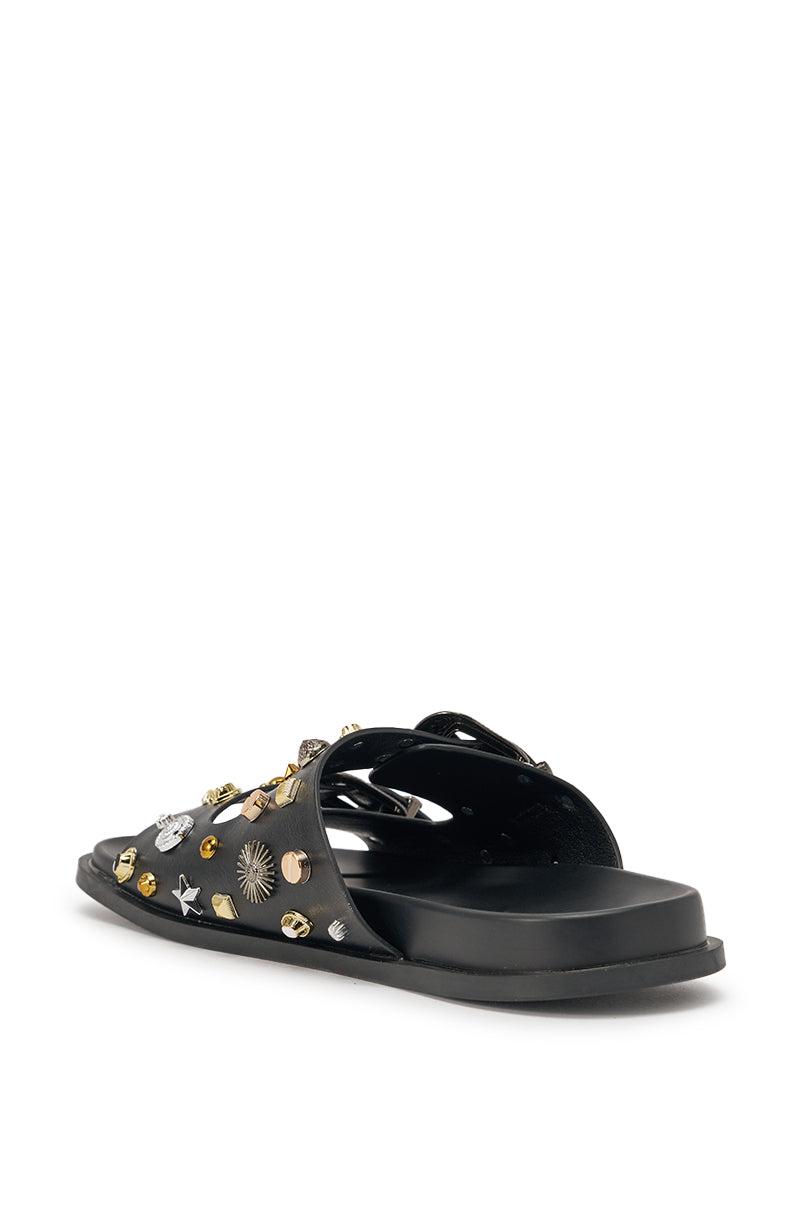 AKIRA BARCLAY BLACK METAL EMBELLISHED SLIP ON FLAT SANDAL Product Image
