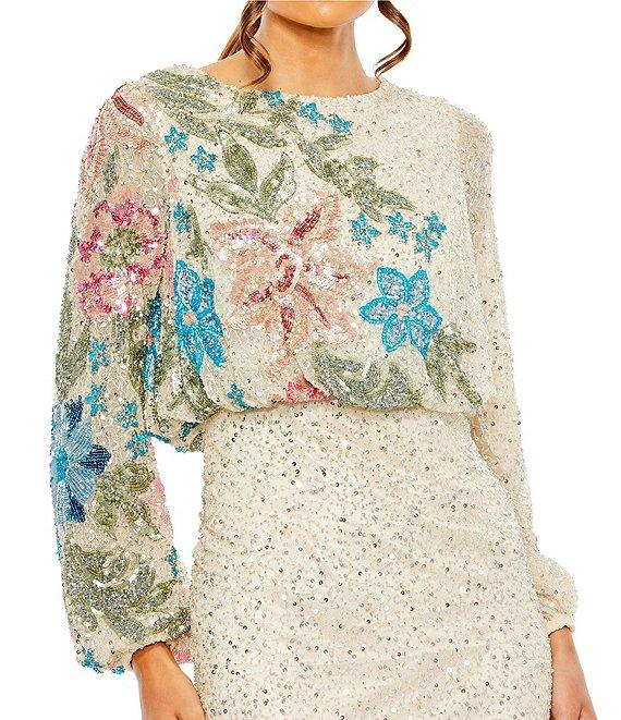 Mac Duggal Floral Beaded Sequin Long Sleeve Blouson Gown Product Image
