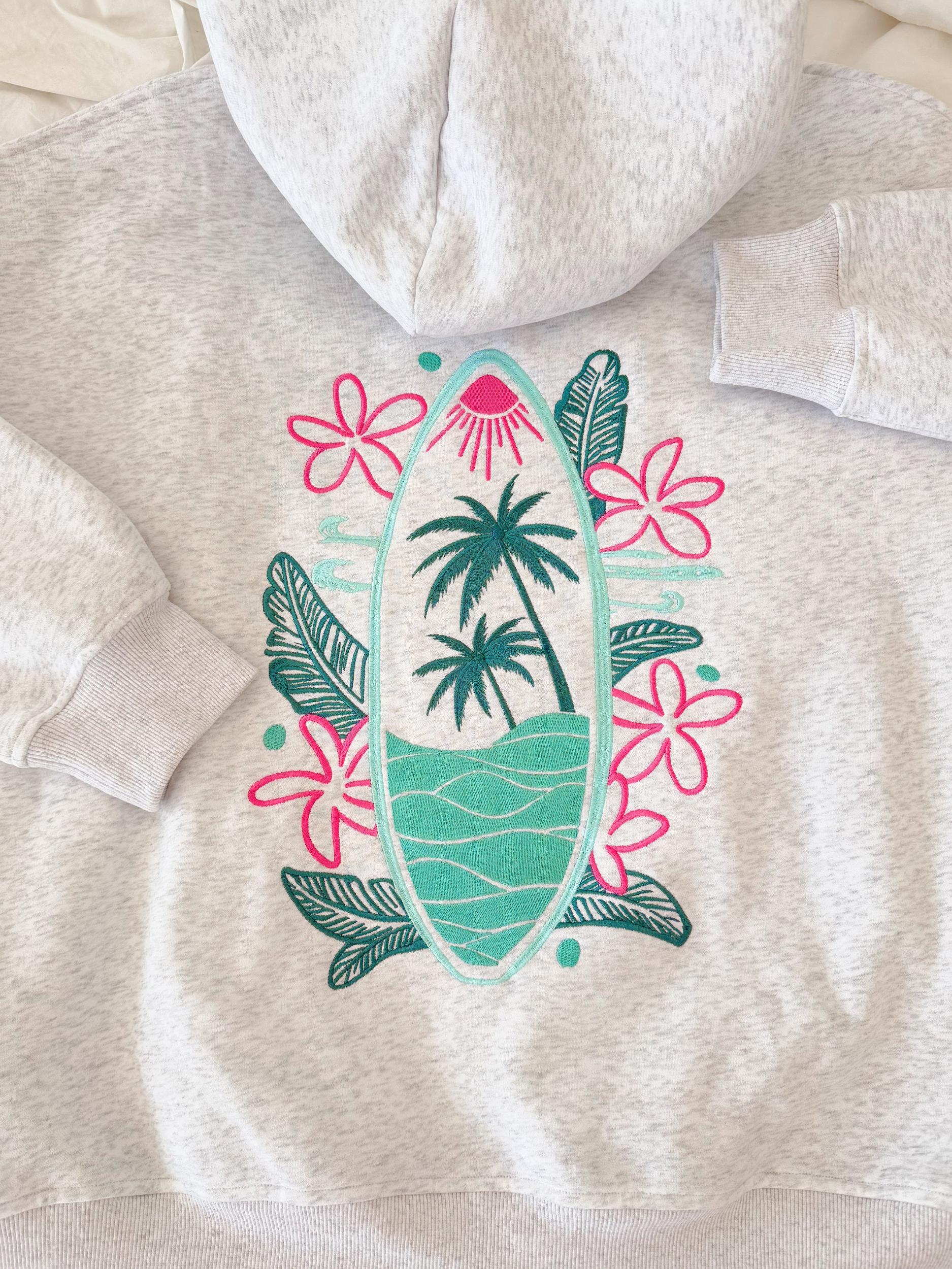 Pearl Grey Surfing The Waves Embroider Hoodie Product Image