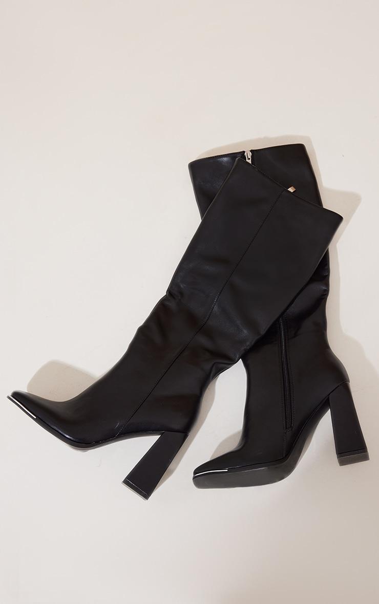 Black PU Toe Cap Flare Heeled Knee Boots Product Image