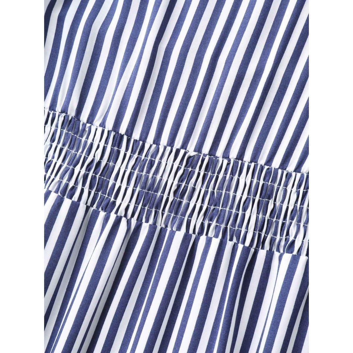 Plus Size Stripes Cinched-Waist Floral Hem Maxi Dress DarkBlue Women Resort V-neck Sleeveless Curvy BloomChic 28/5X Product Image