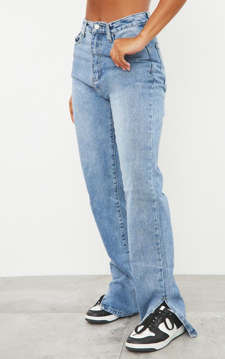 Mid Blue Wash Split Hem Straight Leg Jeans Product Image