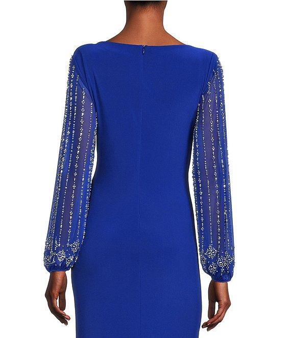 Marina Boat Neck Long Beaded Elastic Cuff Sleeve Matte Jersey Back Slit Sheath Gown Product Image