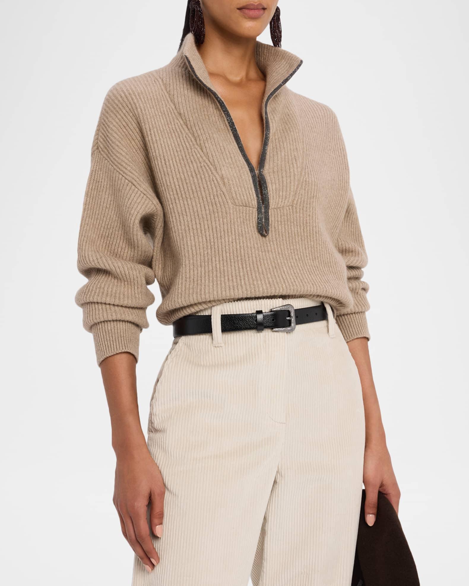 Ribbed Cashmere Deep-V Monili Trim Pullover Product Image