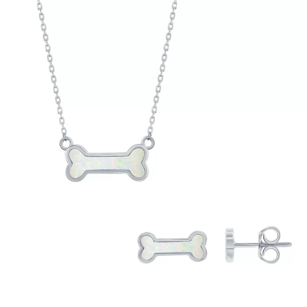 Sterling Silver Lab-Created White Opal Dog Bone Necklaces & Earrings Set, Women's Product Image