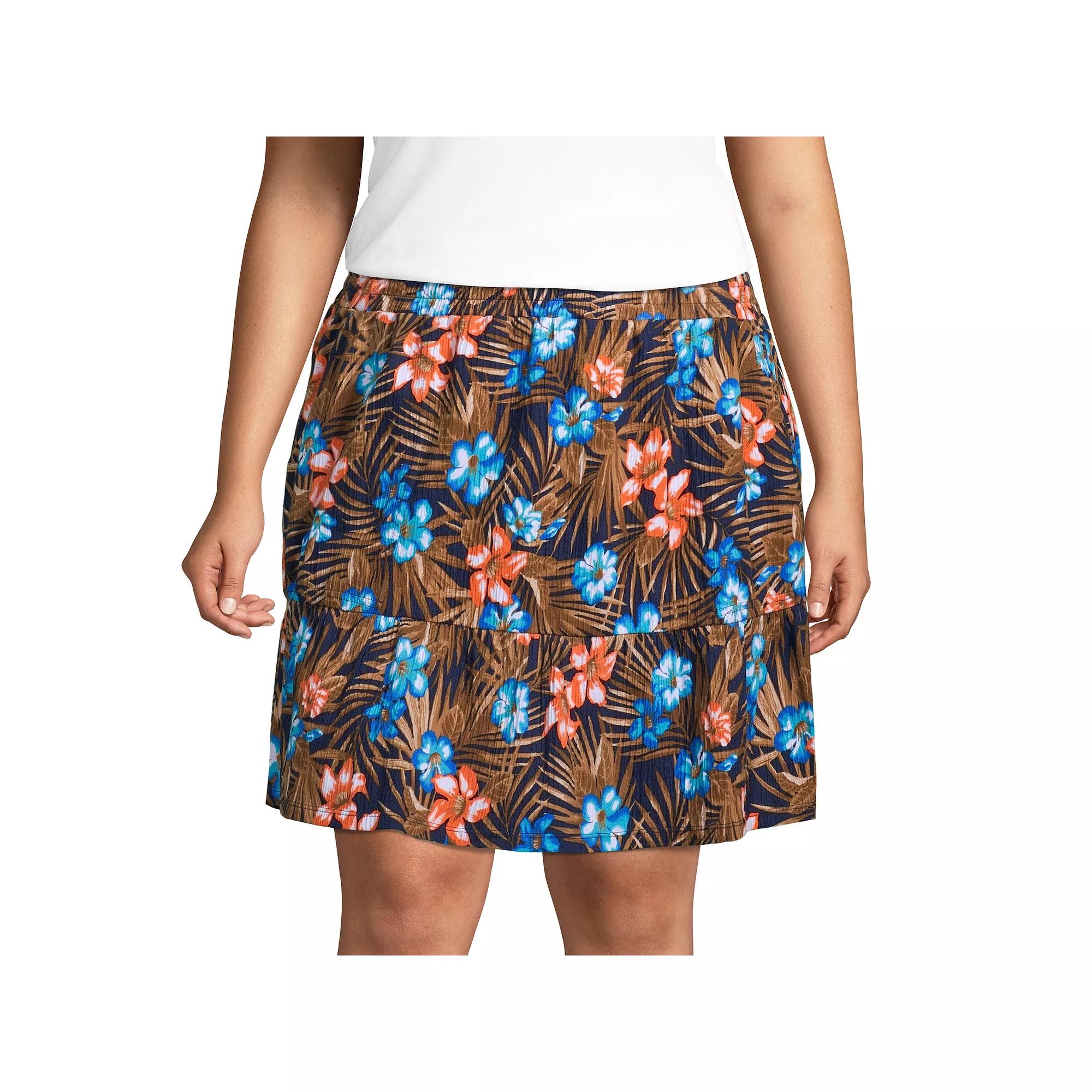 Plus Size Lands' End Crinkle Pull-On Tiered Skirt, Women's, Size: 3XL, Blue Tropic Palm Product Image