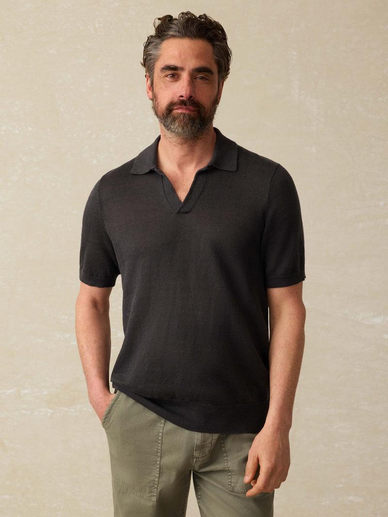 Short-Sleeve Linen Sweater Polo - Mountain Black Product Image