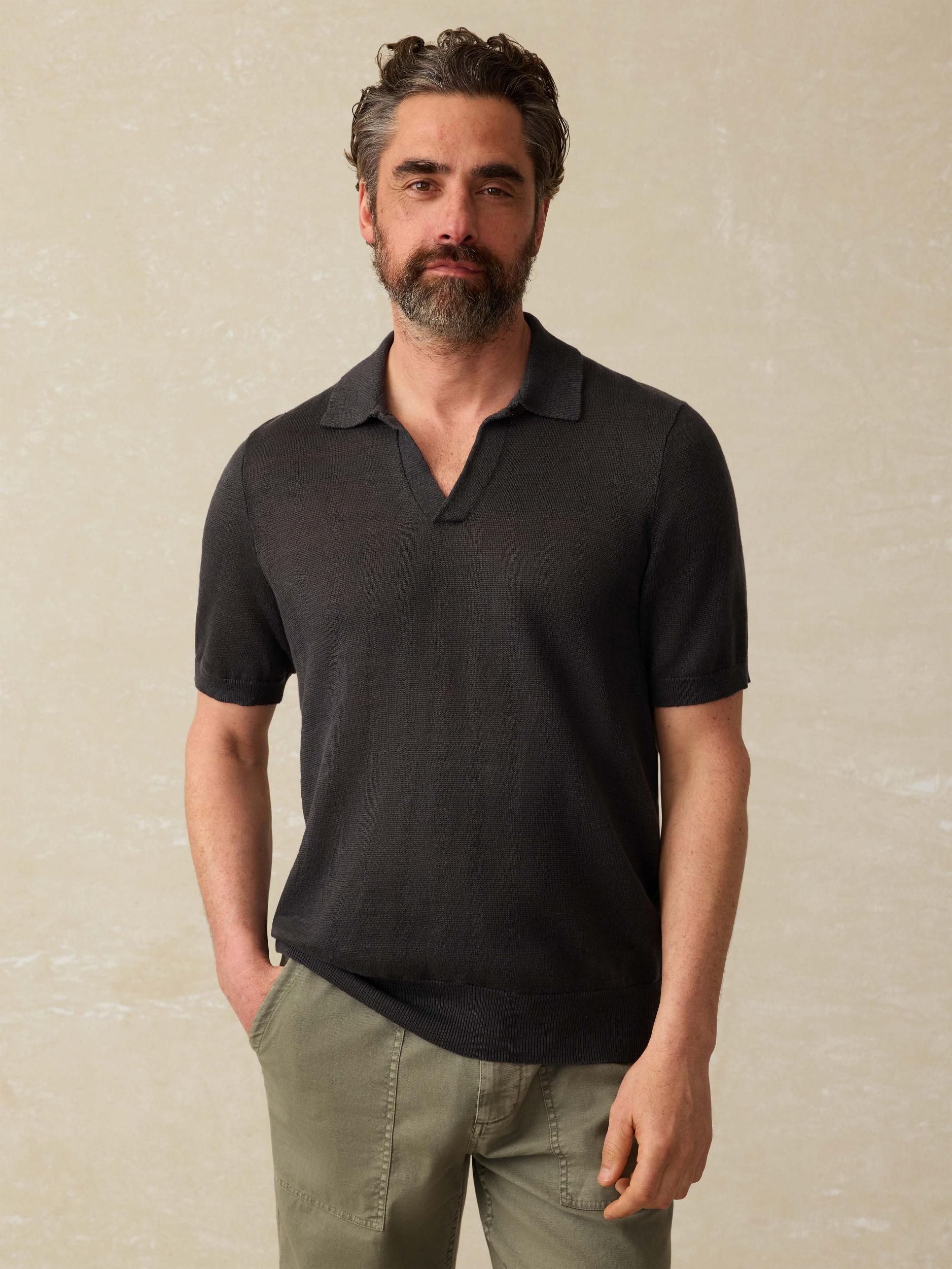 Short-Sleeve Linen Sweater Polo - Mountain Black Male Product Image