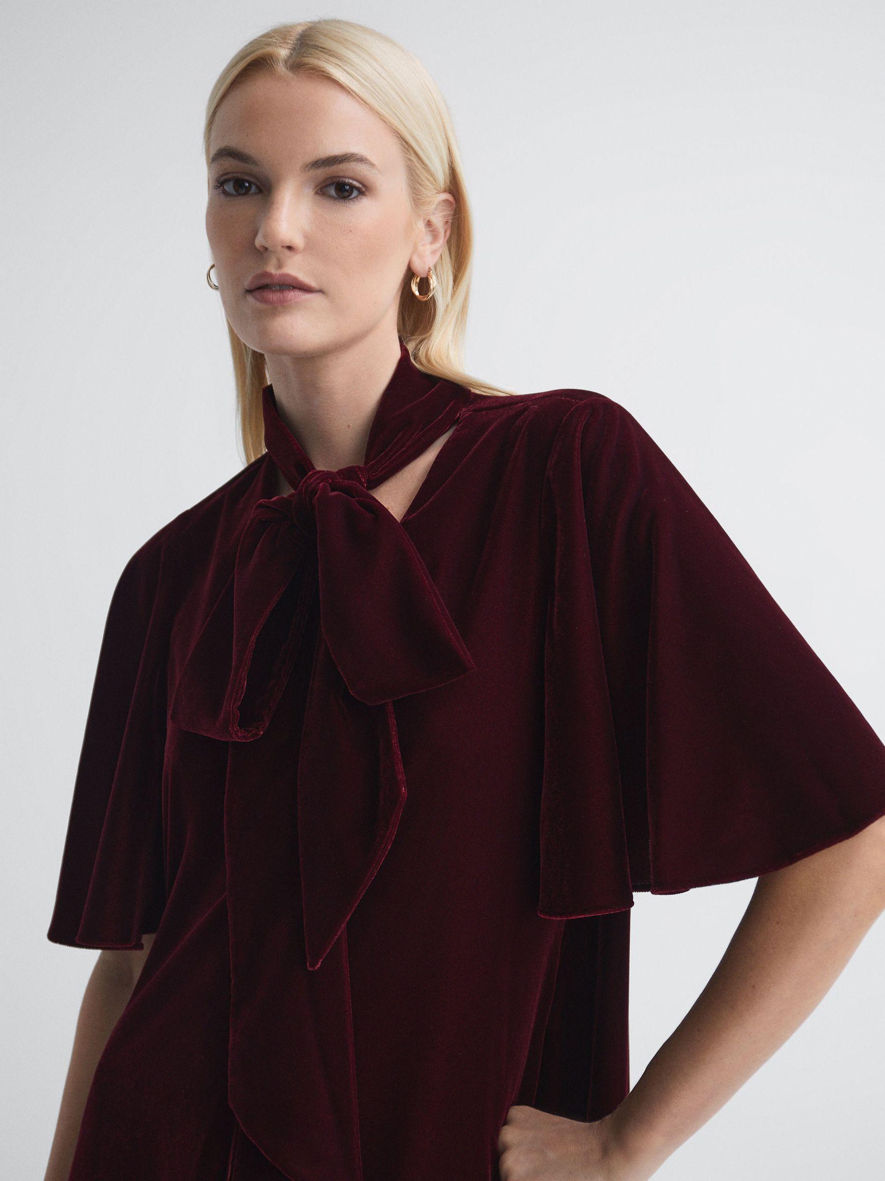 Florere Velvet Tie Neck Midi Dress in Burgundy Product Image