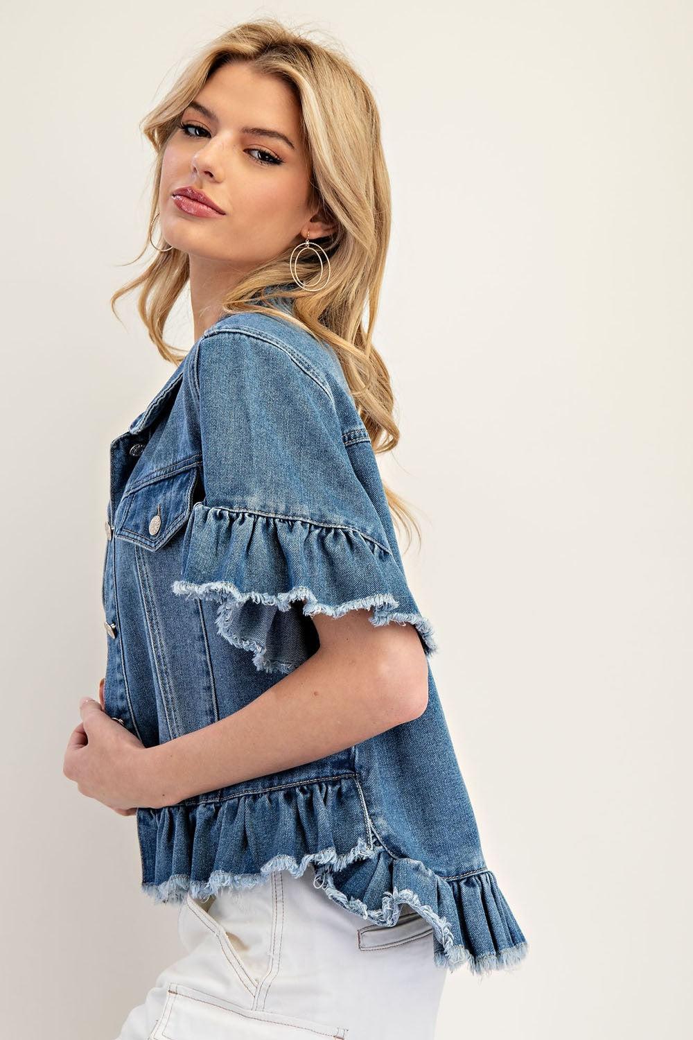 Ruffle Edge Short Sleeve Denim Jacket Product Image