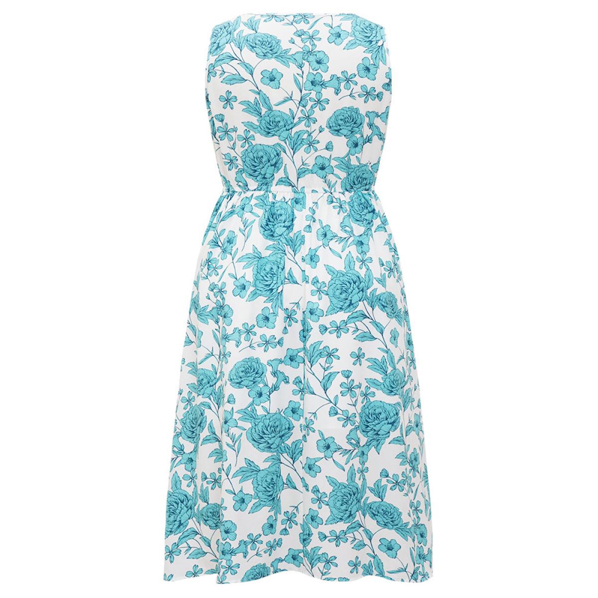 Plus Size Floral Print Pocket V Neck Asymmetrical Hem Tank Dress Teal Women Elegant Lined V-neck Sleeveless Curvy Midi Dress BloomChic 22-24/3X Product Image